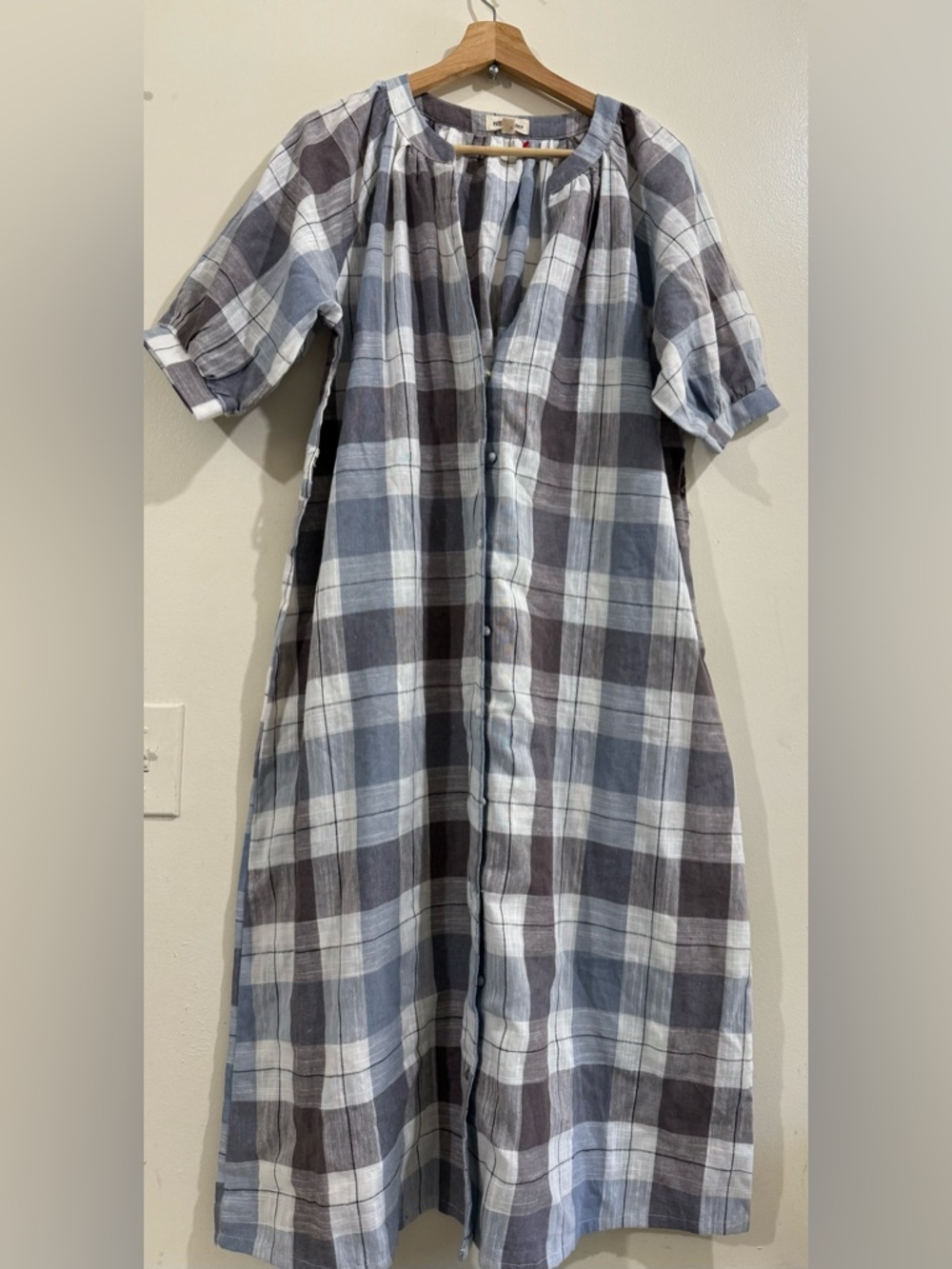 Hidden Alley Light Blue & Gray Plaid Button-Front Midi Dress